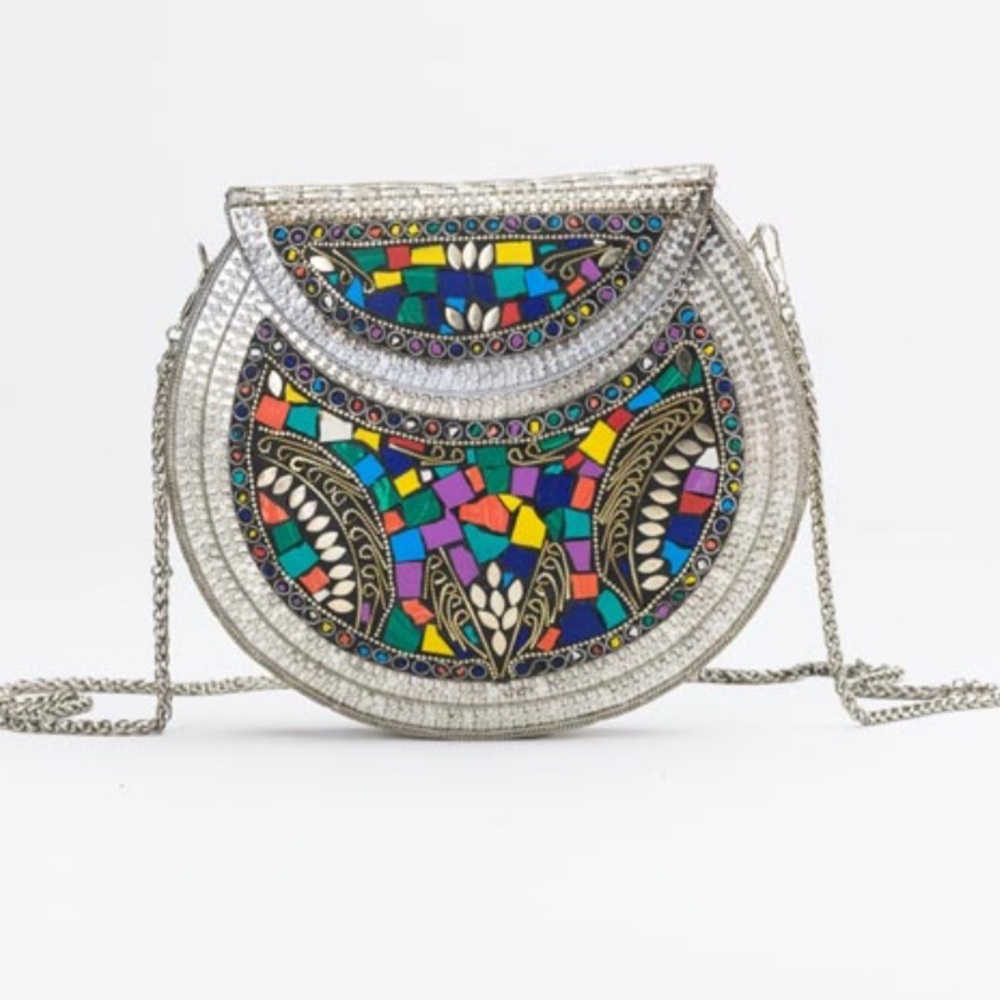 NEW RAMLA  L’Oriental Handmade Mosaic Multi Color Handbag with Silver Chain.